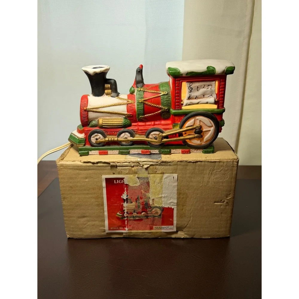 Vintage Ceramic Christmas Train Locomotive Lighted Holiday Decor Red Green Box